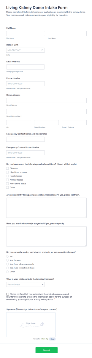 Living Kidney Donor Intake Form Template