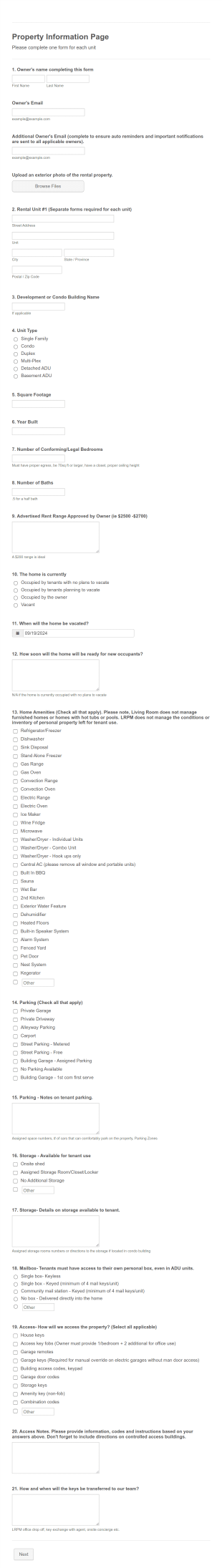 Living Room Property Management Property Information Form Template