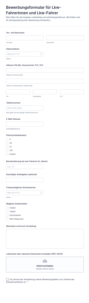 Bewerbungsformular Für Lkw Fahrerinnen Und Lkw Fahrer