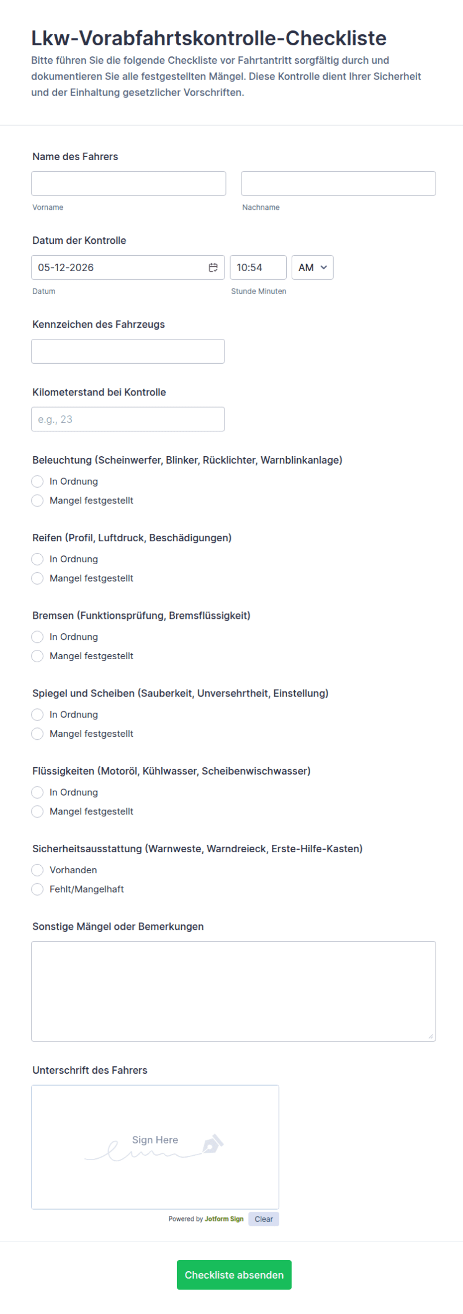 Lkw-Vorabfahrtskontrolle-Checkliste | Jotform