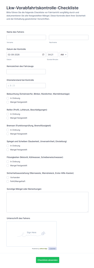 Lkw Vorabfahrtskontrolle Checkliste