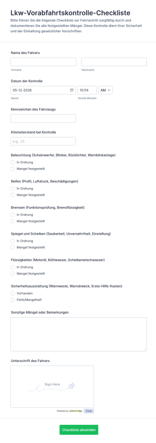 Lkw Vorabfahrtskontrolle Checkliste