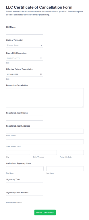 LLC Certificate Of Cancellation Filing Form Template