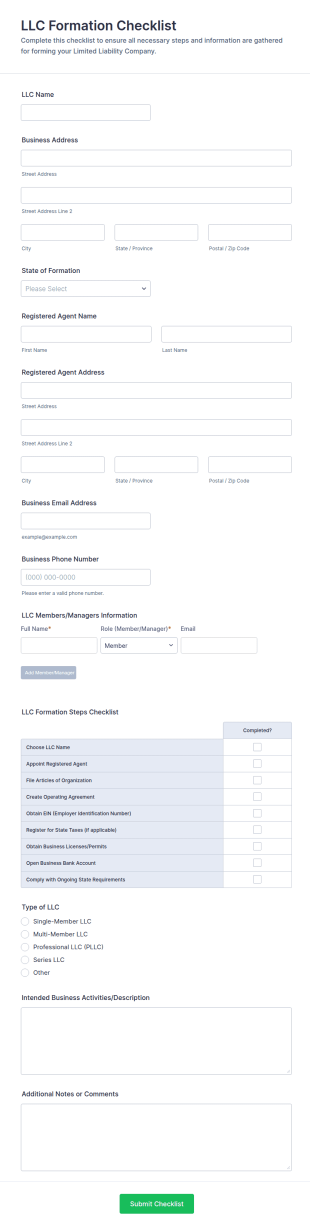 LLC Formation Checklist Form Template