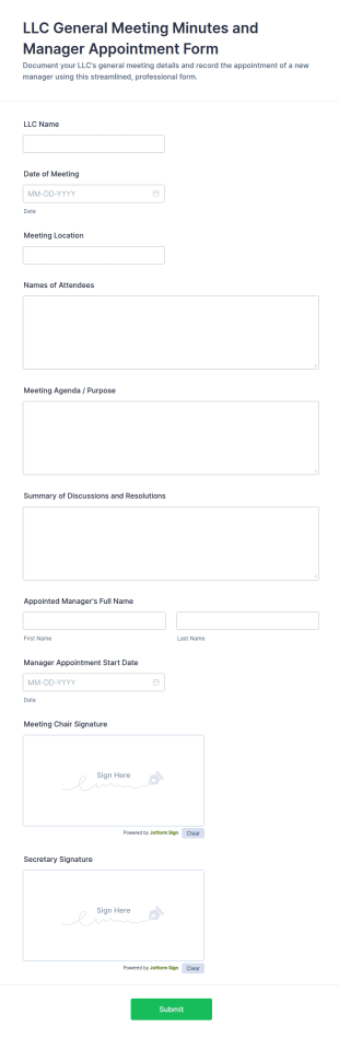 LLC General Meeting Minutes And Manager Appointment Form Template