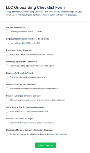 LLC Onboarding Checklist Form Template