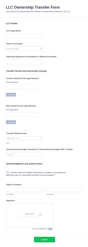 LLC Ownership Transfer Form Template