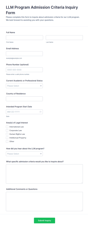 LLM Program Admission Criteria Inquiry Form Template