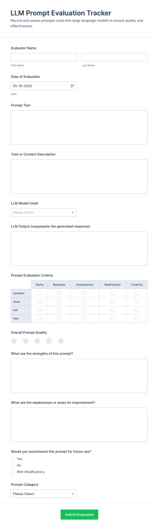 LLM Prompt Evaluation Tracker Form Template