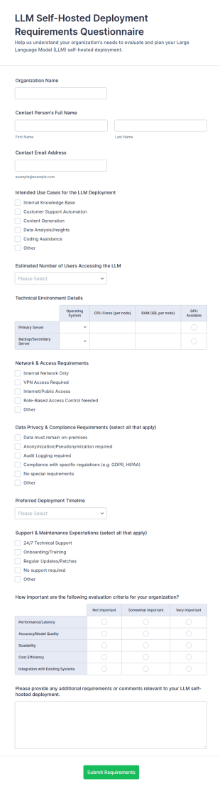 LLM Self Hosted Deployment Requirements Questionnaire Form Template