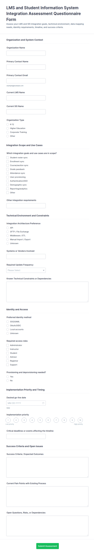 LMS And Student Information System Integration Assessment Questionnaire Form Template