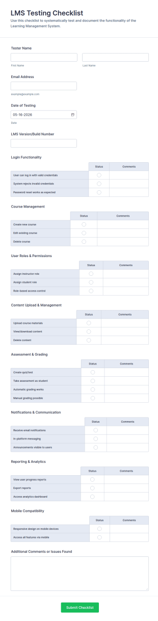 LMS Testing Checklist Form Template