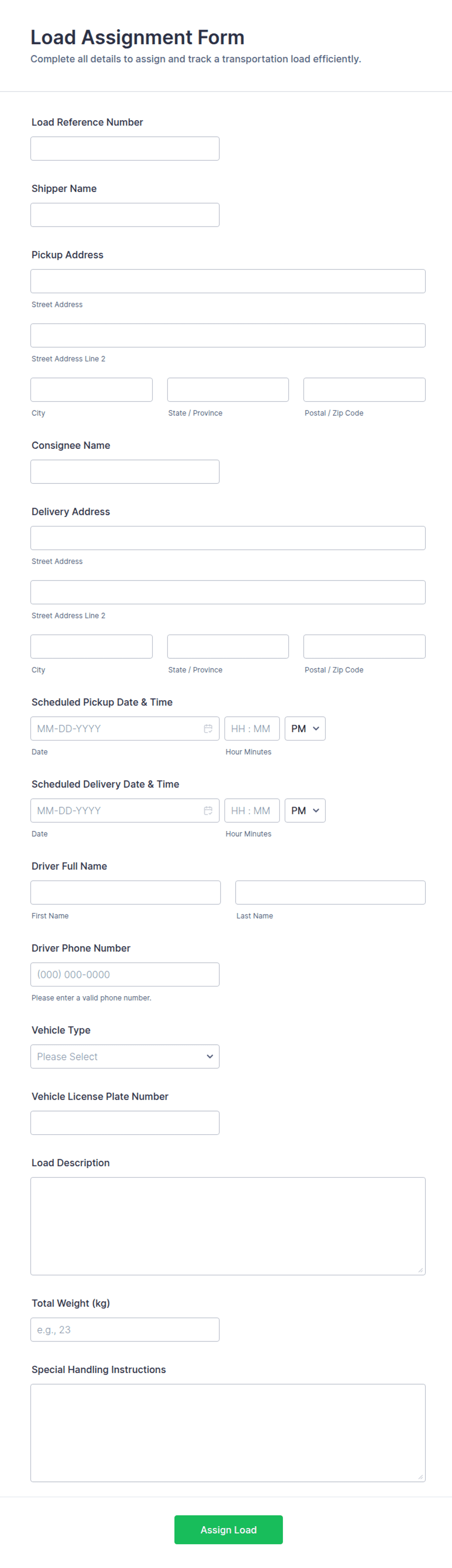 Load Assignment Form Template | Jotform