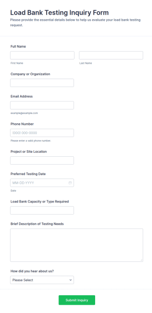 Load Bank Testing Inquiry Form Template