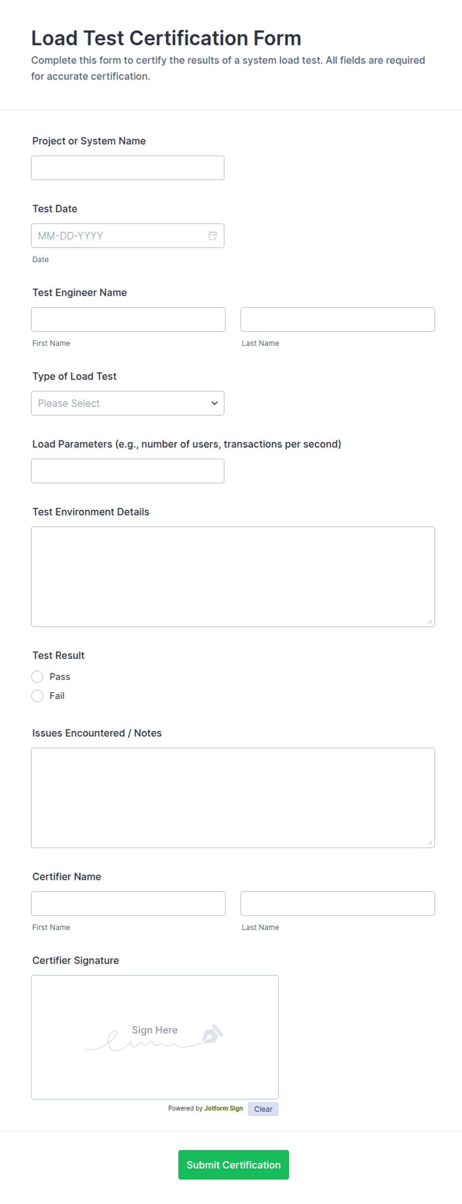 Load Test Certification Form Template | Jotform