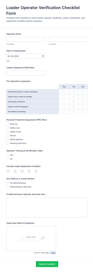 Loader Operator Verification Checklist Form Template