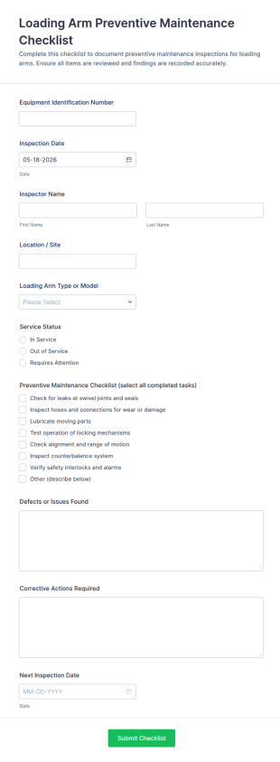 Loading Arm Preventive Maintenance Checklist Form Template