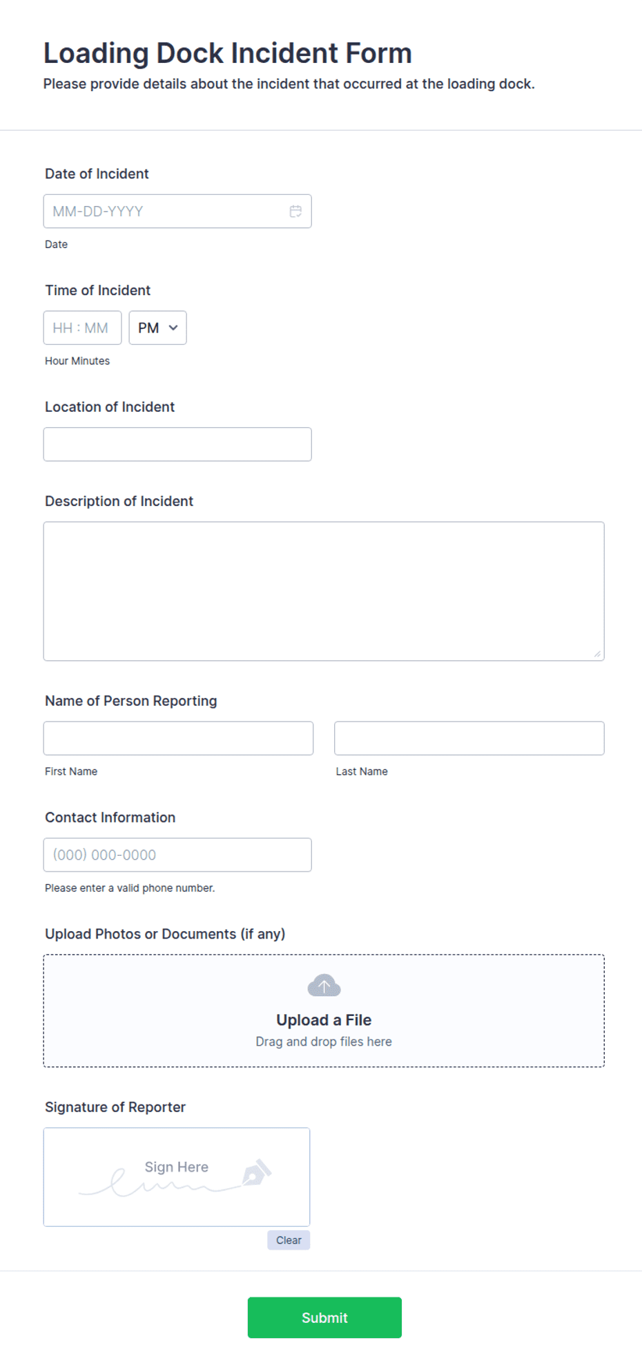 Loading Terminal Form Loading Dock Incident Form Template | Jotform
