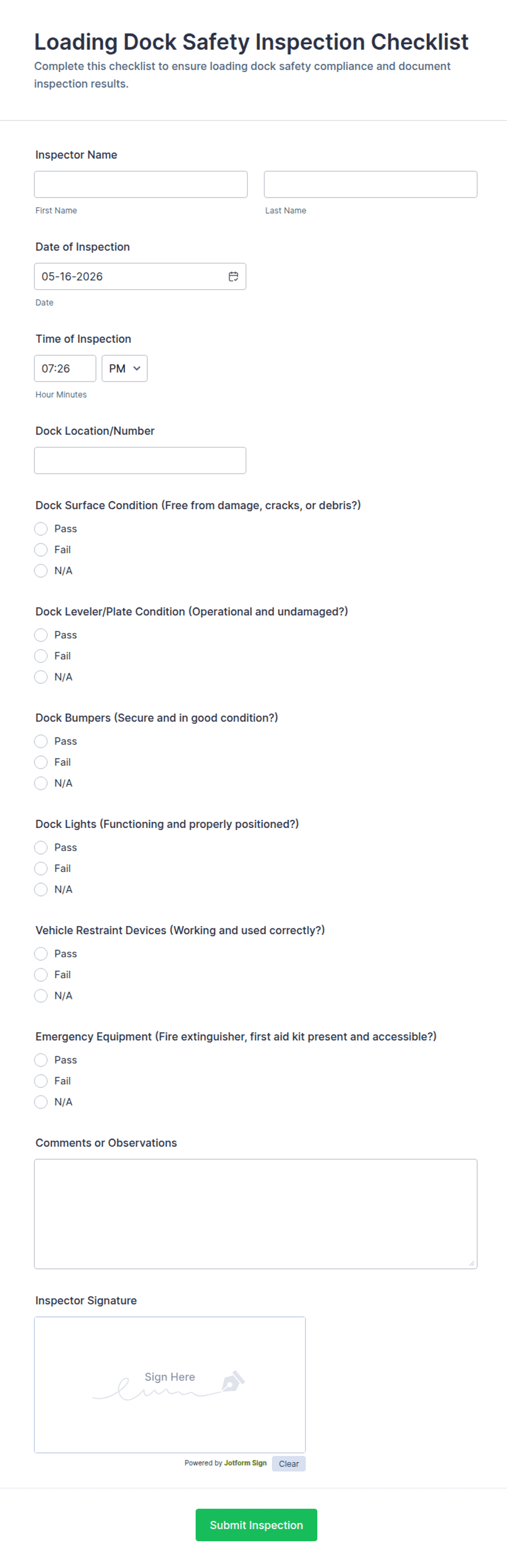 Loading Plot Form Inspection Loading Dock Safety Inspection Checklist Form Template | Jotform