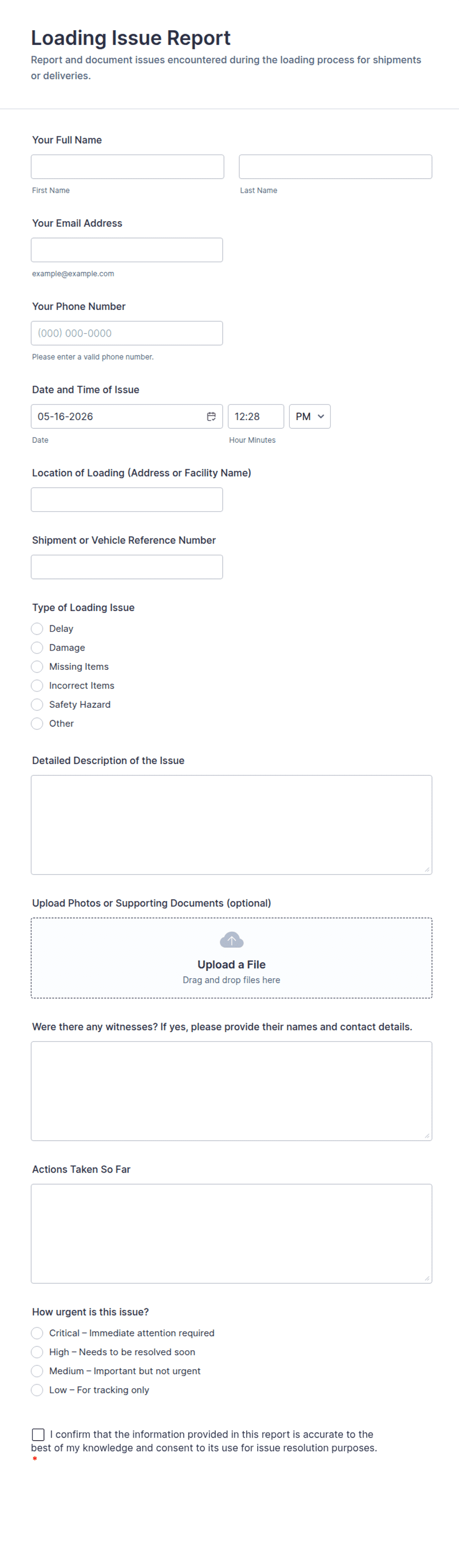 Loading Report Form Loading Issue Report Form Template | Jotform