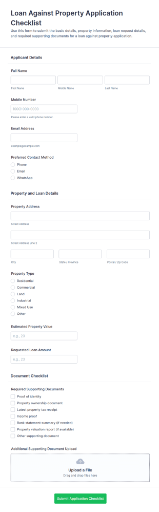 Loan Against Property Application Checklist Form Template