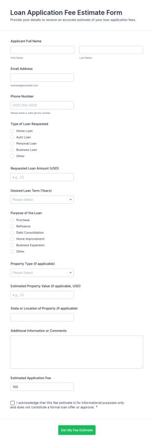 Loan Application Fee Estimate Form Template