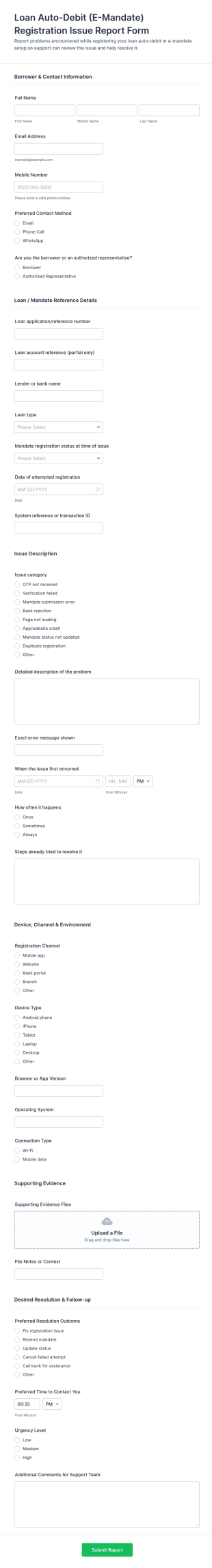 Loan Auto Debit (E Mandate) Issue Report Form Template