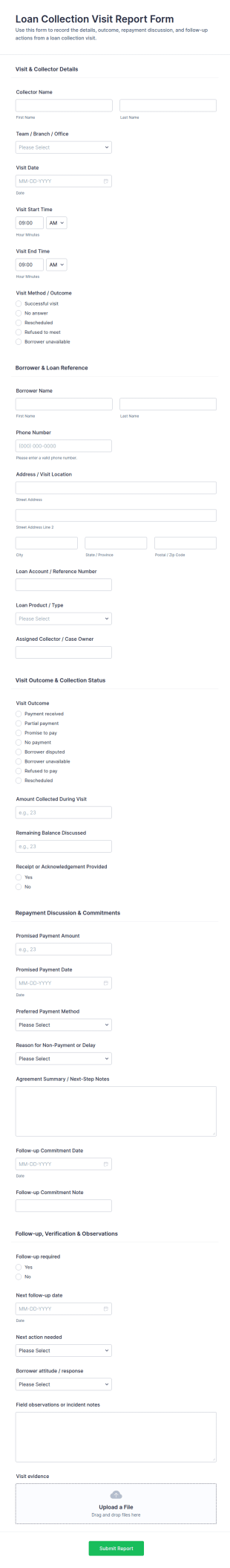 Loan Collection Visit Report Form Template