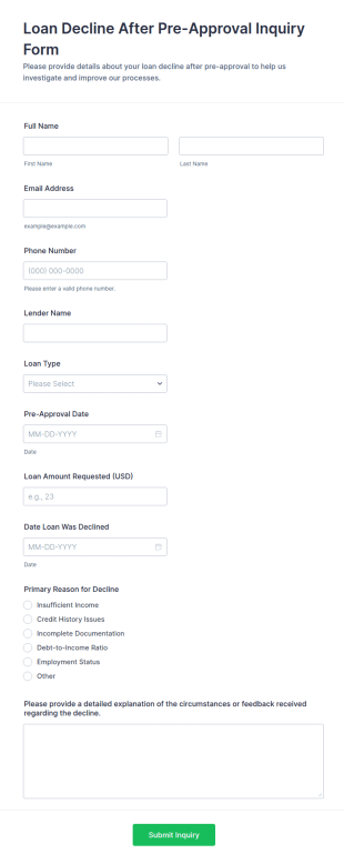 Loan Decline After Pre Approval Inquiry Form Template