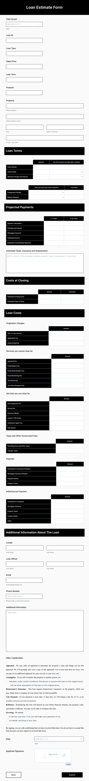 Loan Estimate Form Template