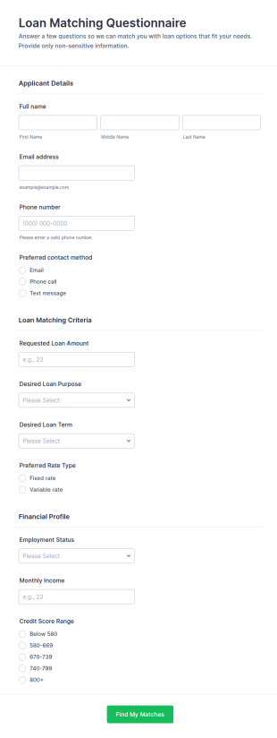 Loan Matching Questionnaire Form Template