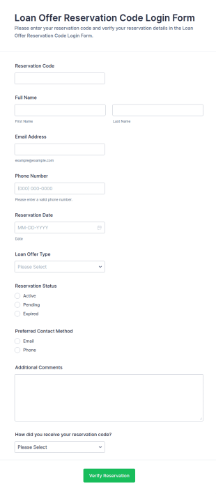Loan Offer Reservation Code Login Form Template