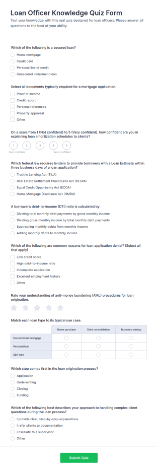 Loan Officer Knowledge Quiz Form Template
