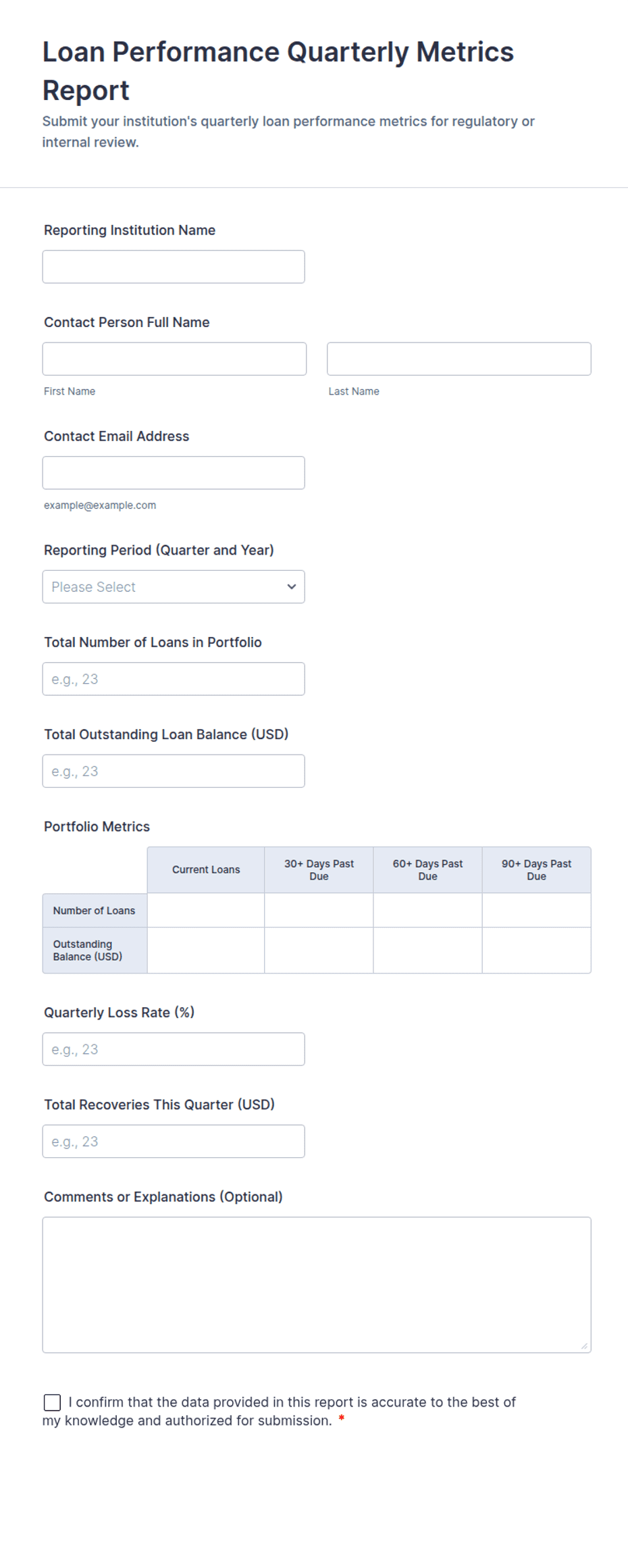Loan Report Alert Format Example Loan Performance Quarterly Metrics Report Form Template | Jotform