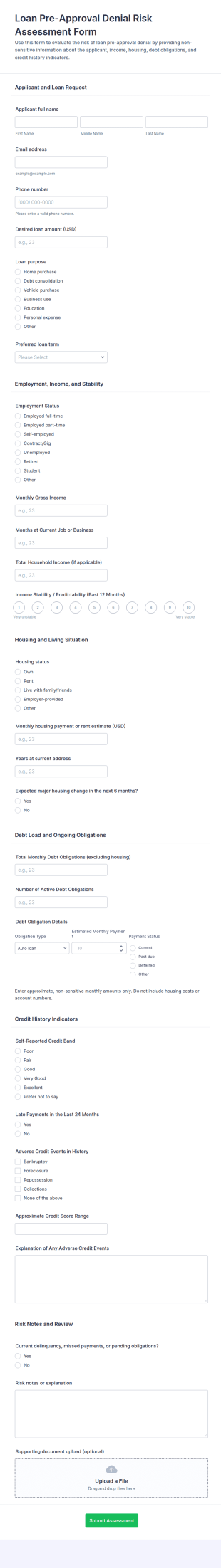 Loan Pre Approval Denial Risk Assessment Form Template