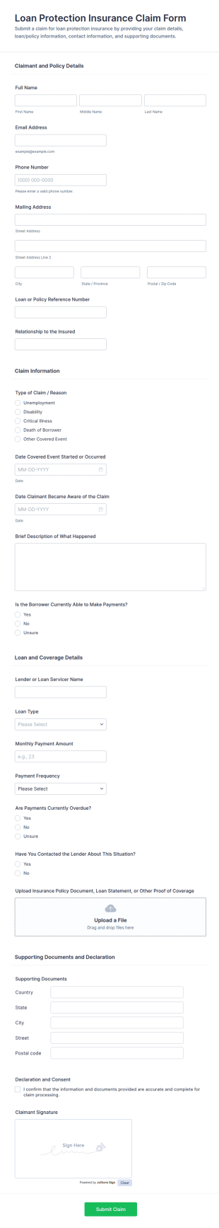 Loan Protection Insurance Claim Form Template