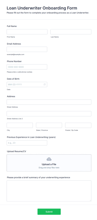 Loan Underwriter Onboarding Form Template