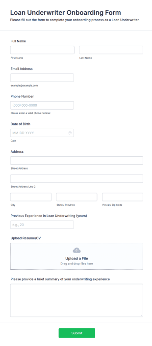 Loan Underwriter Onboarding Form Template