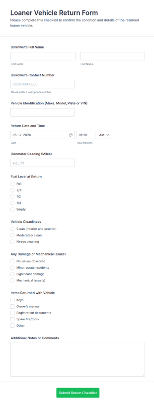 Loaner Vehicle Return Checklist Form Template