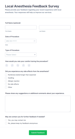 Local Anesthesia Feedback Survey Form Template