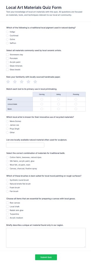Local Art Materials Quiz Form Template