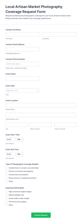 Local Artisan Market Photography Coverage Request Form Template