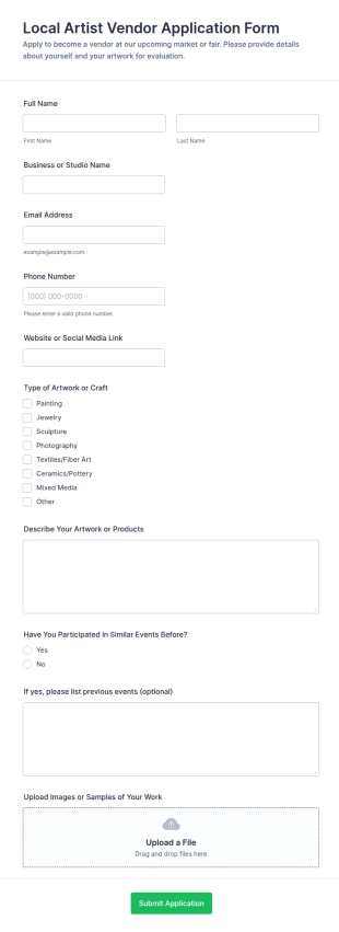 Local Artist Vendor Application Form Template