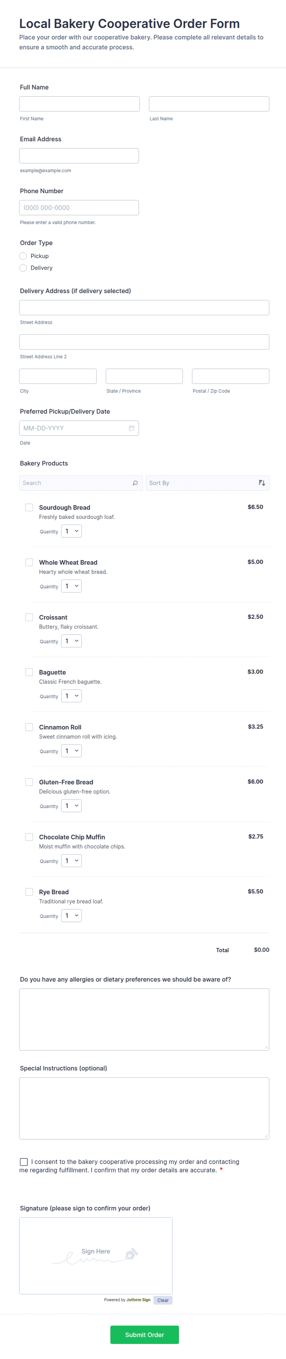 Local Bakery Cooperative Order Form Template | Jotform
