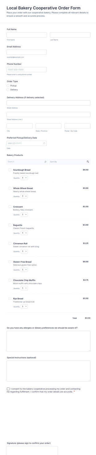 Local Bakery Cooperative Order Form Template