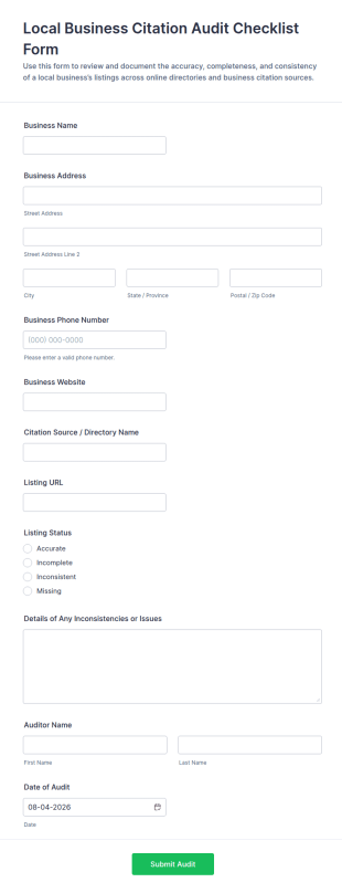 Local Business Citation Audit Checklist Form Template