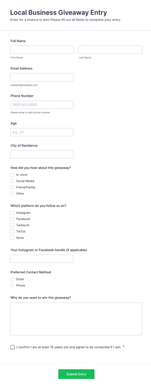Local Business Giveaway Entry Form Template