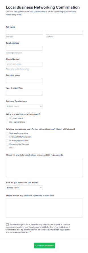 Local Business Networking Confirmation Form Template