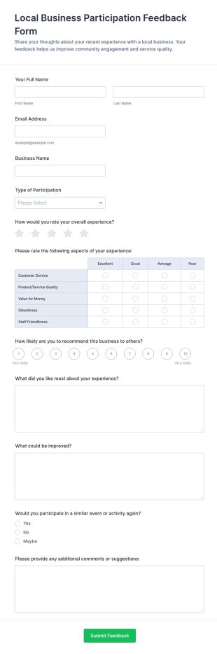 Local Business Participation Feedback Form Template