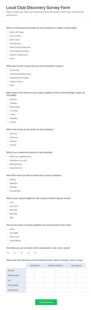 Local Club Discovery Survey Form Template